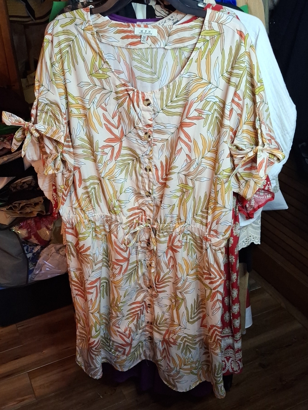 MPH Collection Tropical Leaf Print Button-Front Elastic Waist Dress 2X Preloved